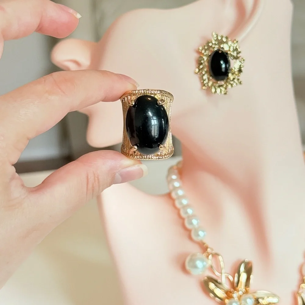 Gold-Tone Black Cabochon Statement Ring